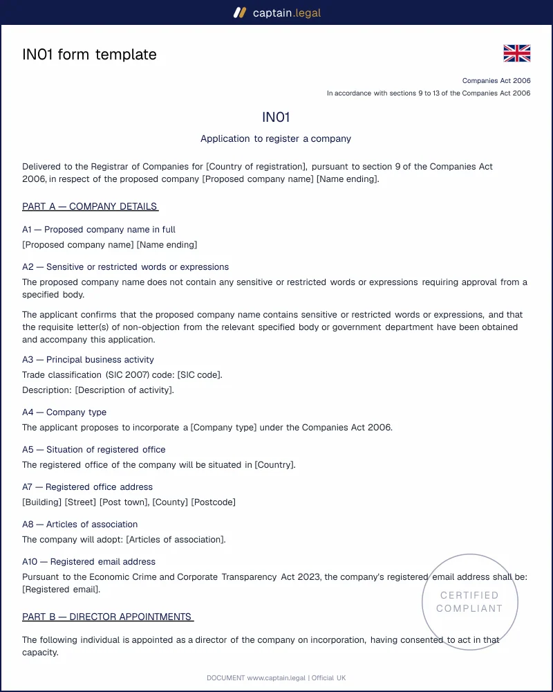 IN01 form for UK company registration | Word & PDF template