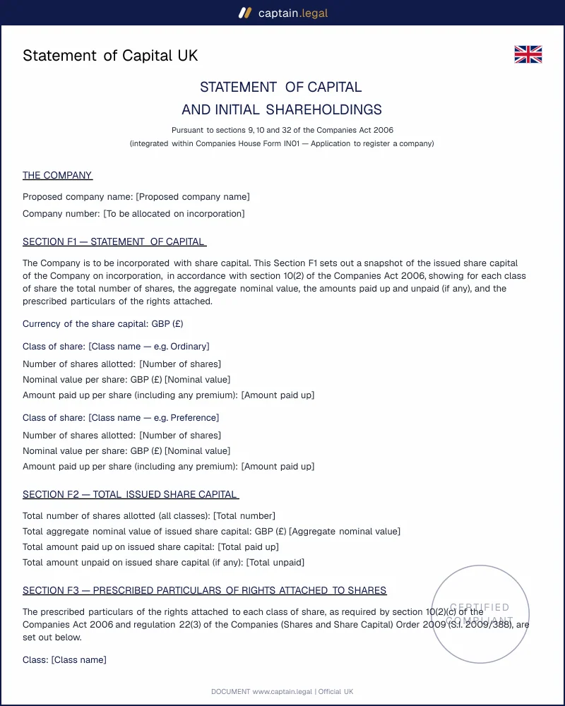 UK Statement of Capital Template — Companies Act 2006 (IN01)