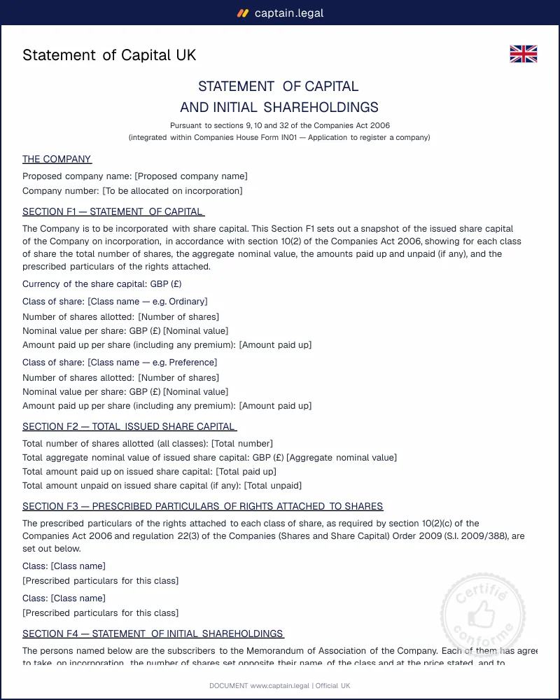 UK Statement of Capital Template — Companies Act 2006 (IN01)
