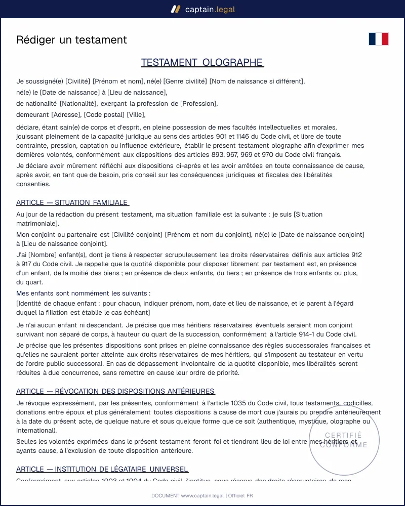 Testament olographe : modèle conforme à l'article 970 du Code civil