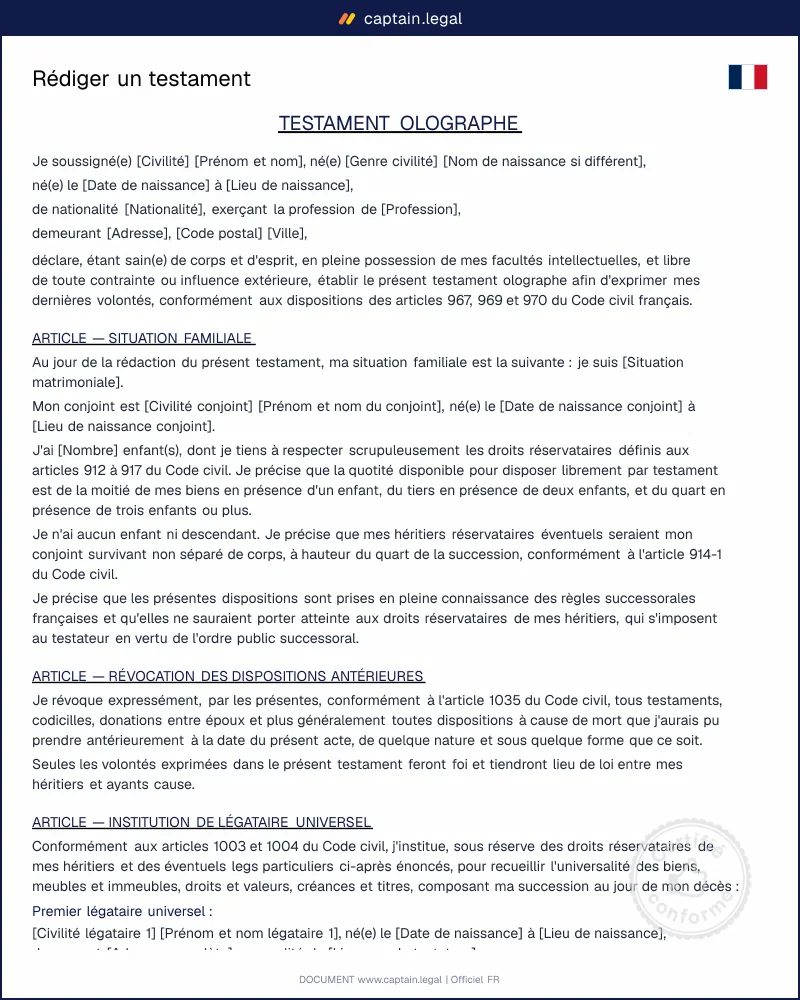Modèle de rédaction d'un testament