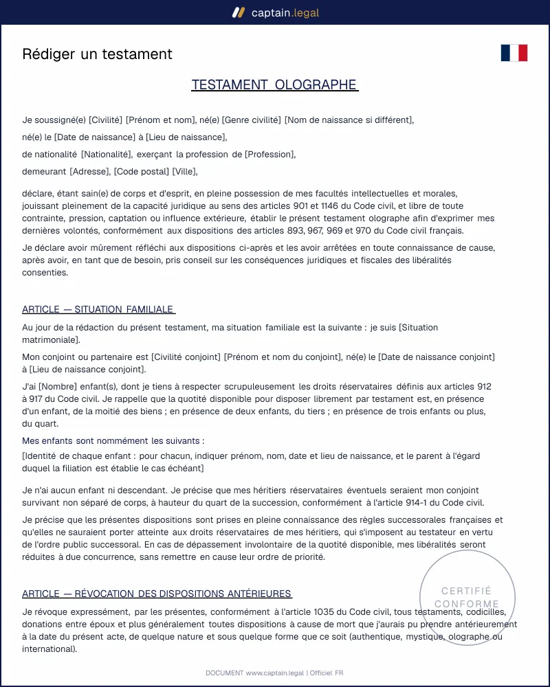 Testament olographe : modèle conforme à l'article 970 du Code civil
