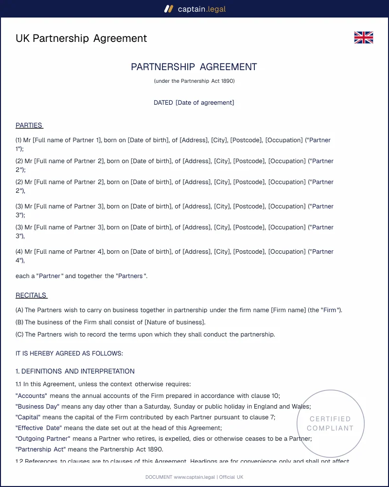 UK Partnership Agreement Template for General Partnerships