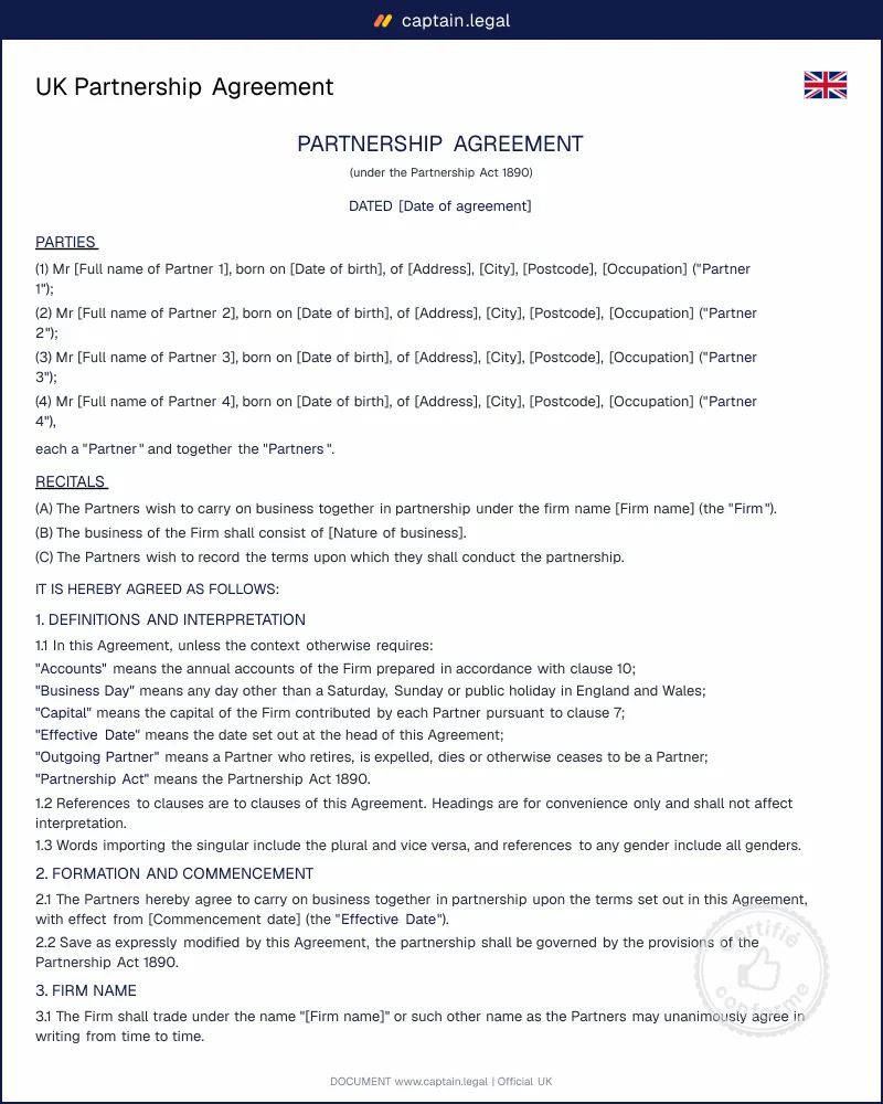 UK Partnership Agreement Template for General Partnerships