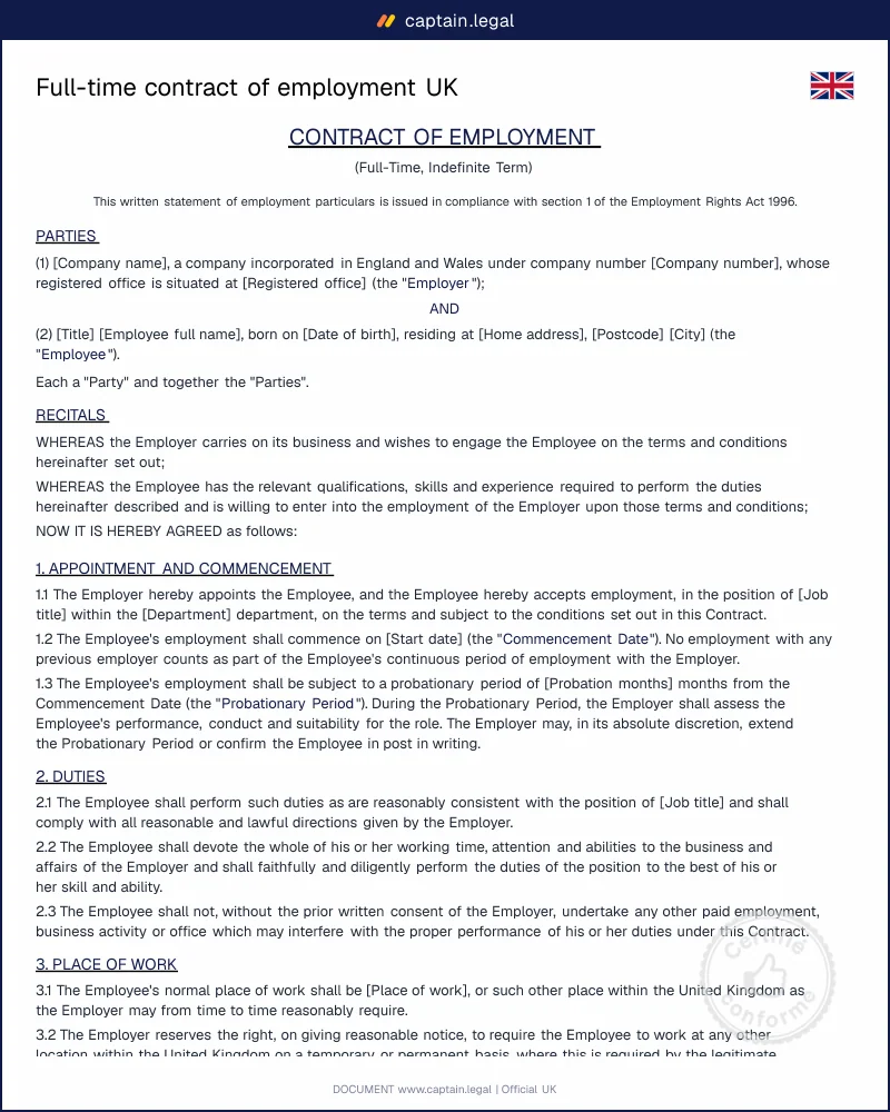 Full-time contract of employment UK | Permanent staff template (Word, PDF)