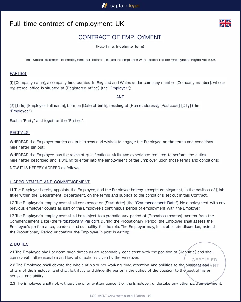Full-time contract of employment UK | Permanent staff template (Word, PDF)