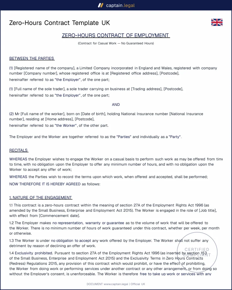 Zero-Hours Contract UK : Lawyer-Drafted Template (Word, PDF)