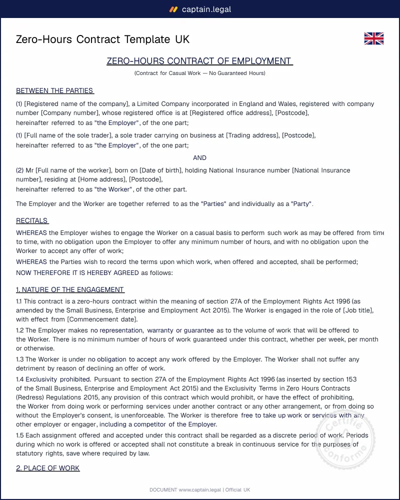 Zero-Hours Contract UK : Lawyer-Drafted Template (Word, PDF)