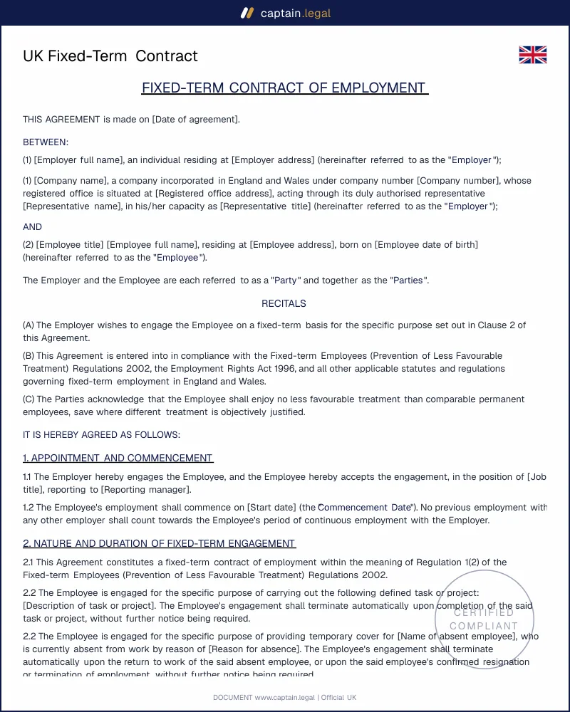 UK Fixed-Term Contract Template — Maternity Cover, Projects