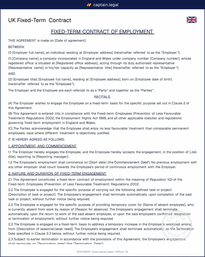 UK Fixed-Term Contract Template — Maternity Cover, Projects
