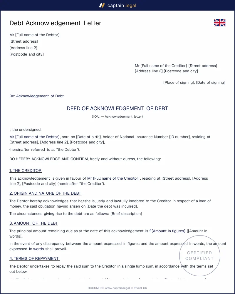 IOU Letter Template UK | Written Debt Acknowledgement (PDF)