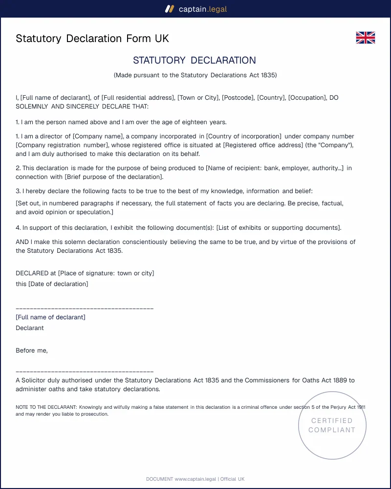 Statutory Declaration Form UK — Sworn-Ready Template in Minutes