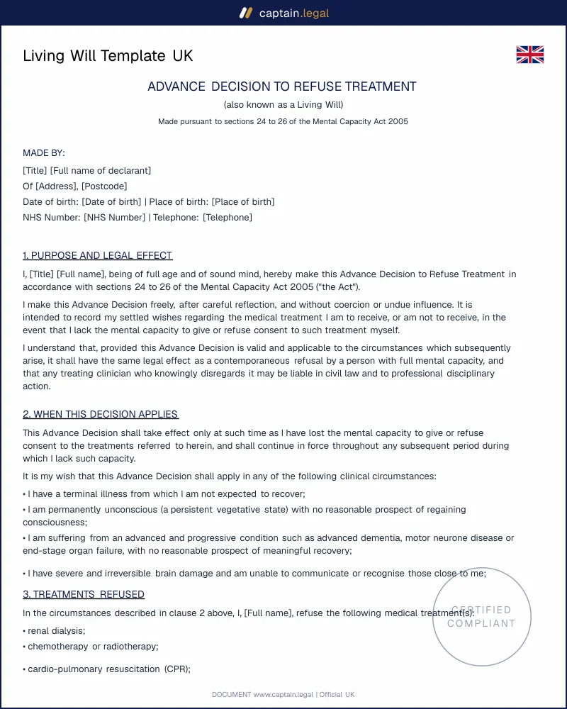 Advance Decision to Refuse Treatment (ADRT) — UK Template