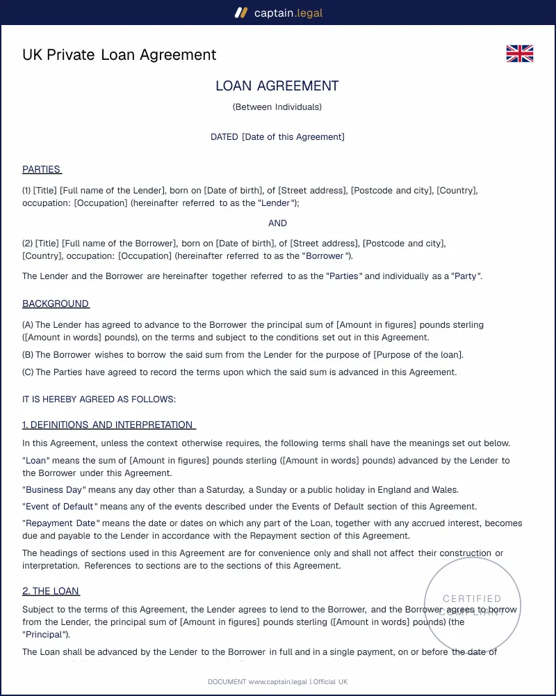 UK Private Loan Agreement Template — Family & Friends