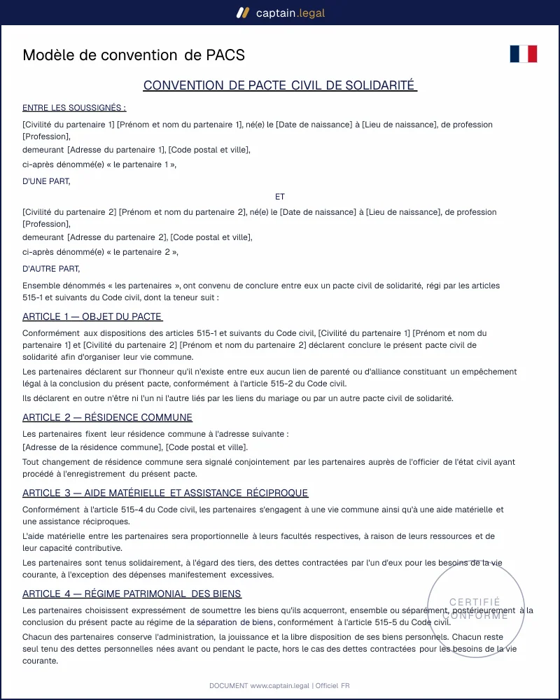 Modèle de convention de PACS à personnaliser
