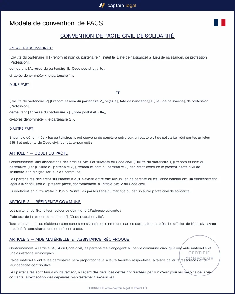 Modèle de convention de PACS à personnaliser