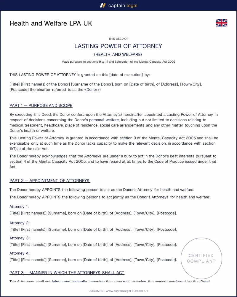 Health and Welfare LPA UK | Lasting Power of Attorney Form