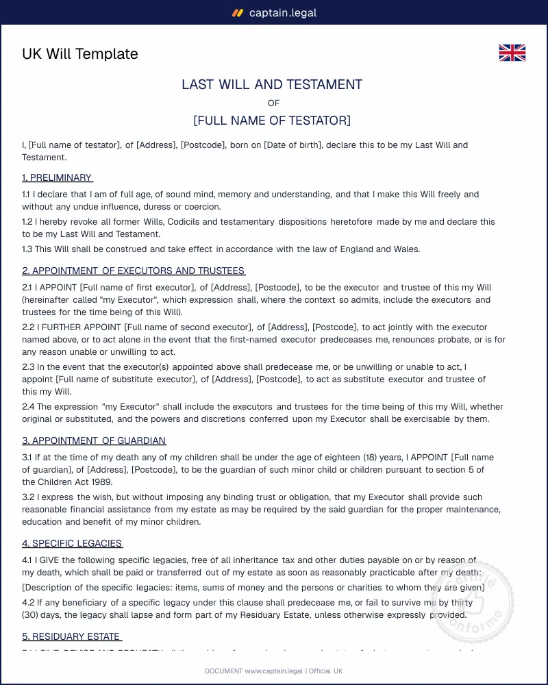 UK Will Template | Wills Act 1837 Compliant