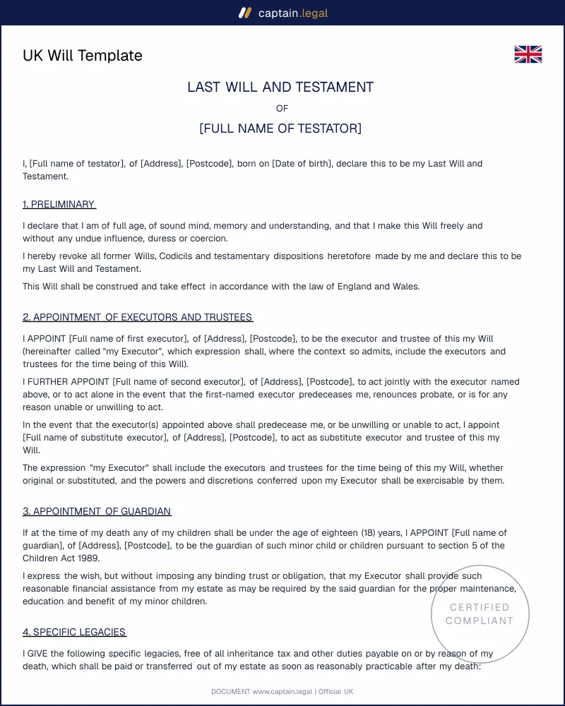 UK Will Template | Wills Act 1837 Compliant