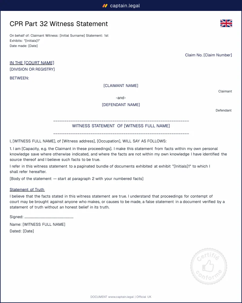 CPR Part 32 Witness Statement | UK Civil Procedure Template