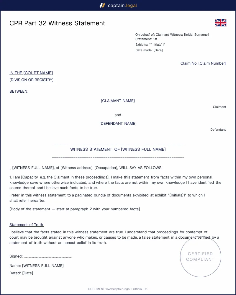 CPR Part 32 Witness Statement | UK Civil Procedure Template
