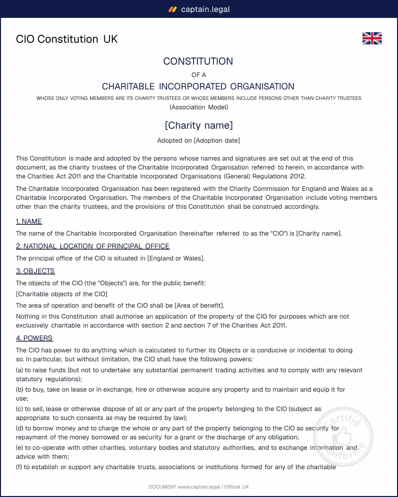 CIO Constitution UK, Charity Commission Compliant