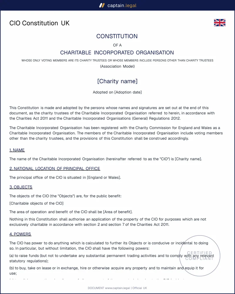 CIO Constitution UK, Charity Commission Compliant