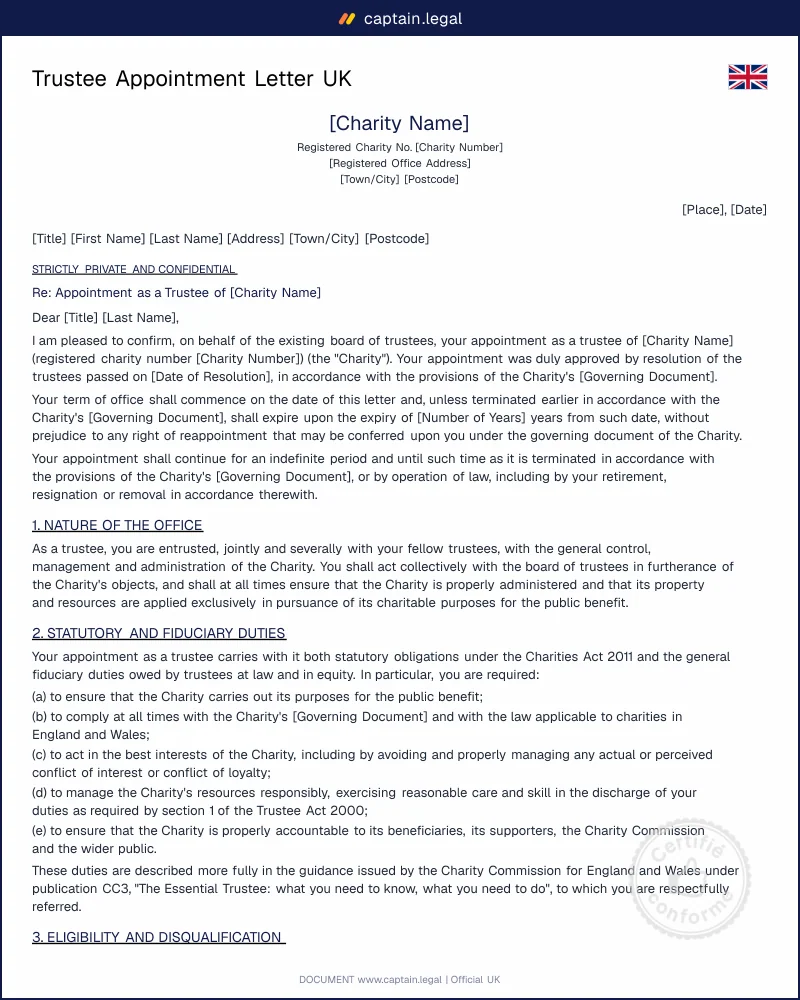 Trustee Appointment Letter UK, Charity Law