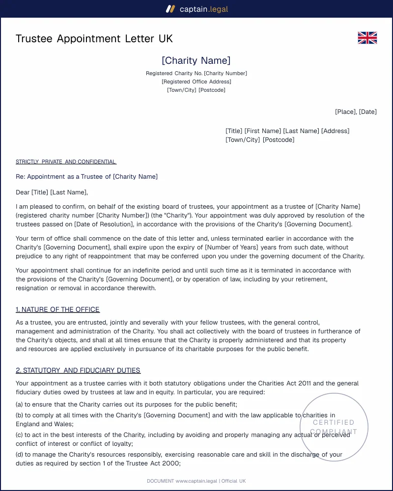 Trustee Appointment Letter UK, Charity Law
