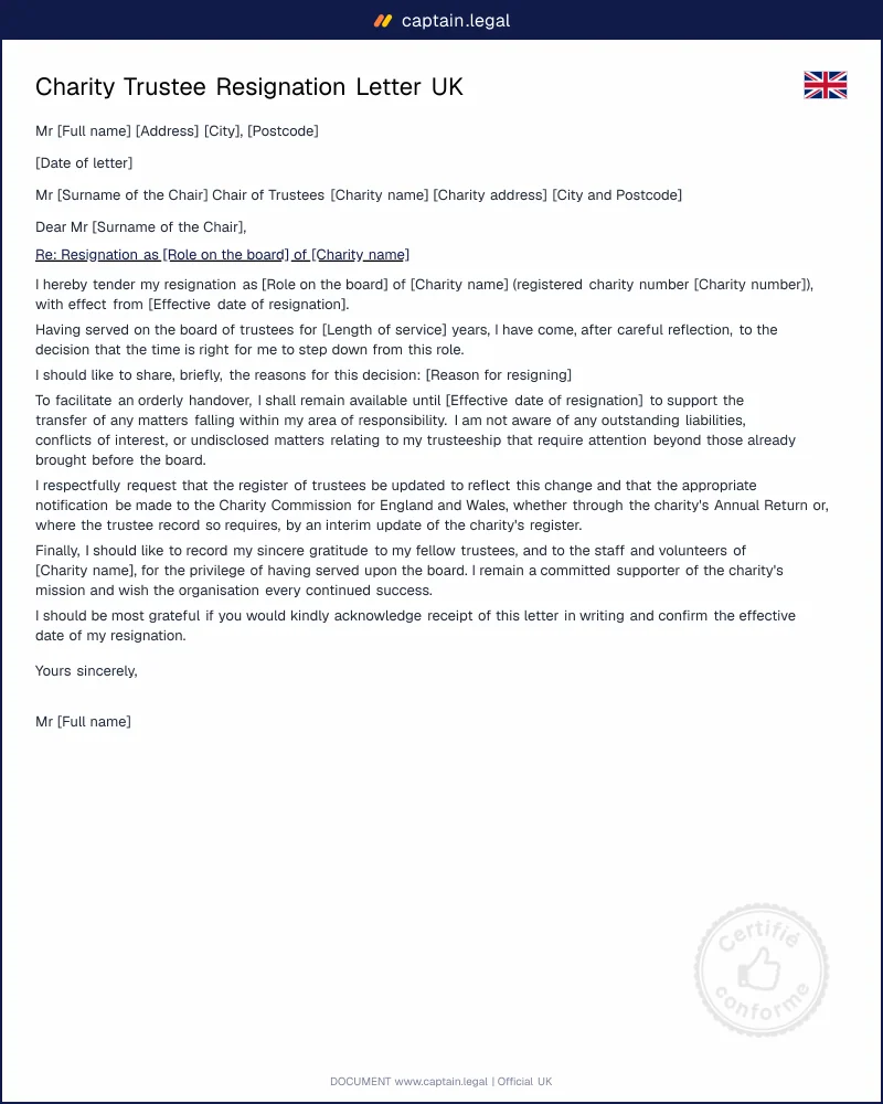 Charity Trustee Resignation Letter UK | Charities Act 2011