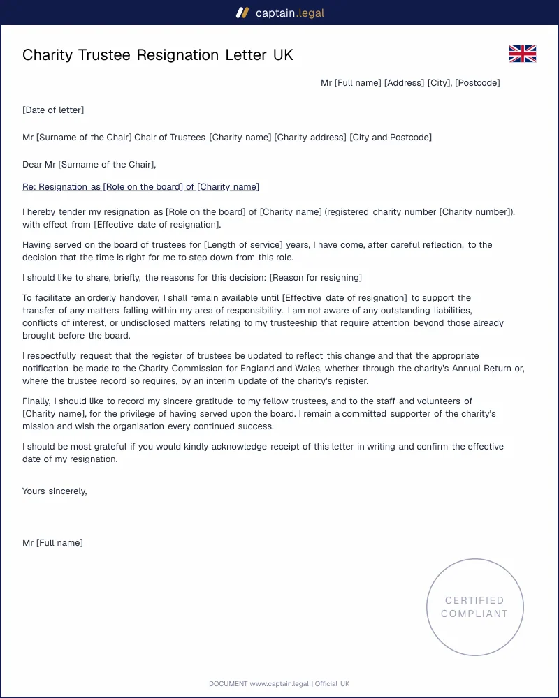 Charity Trustee Resignation Letter UK | Charities Act 2011