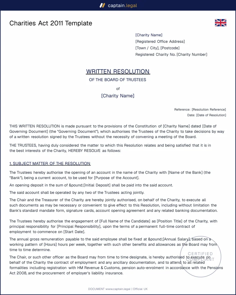 Written Resolution UK: Charities Act 2011 Template