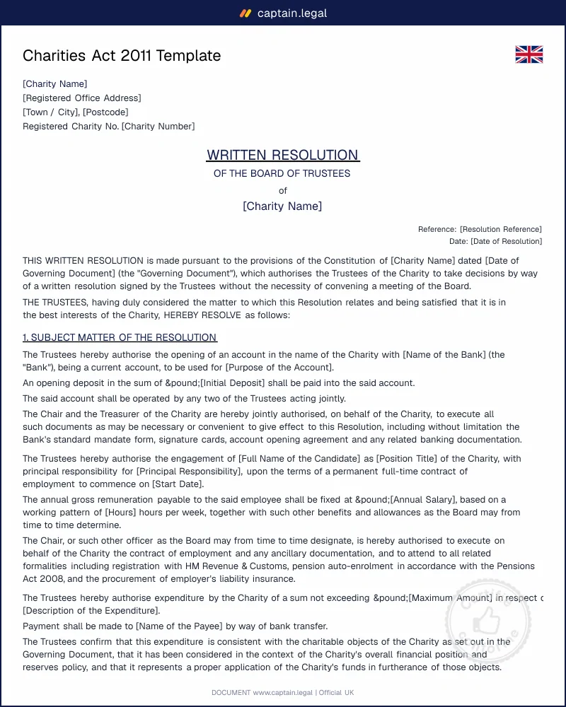 Written Resolution UK: Charities Act 2011 Template