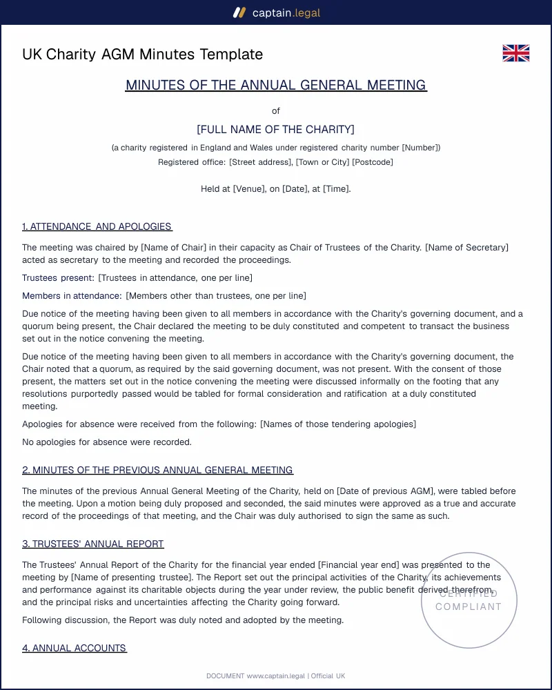 UK Charity AGM Minutes Template | Word & PDF, Lawyer-Drafted