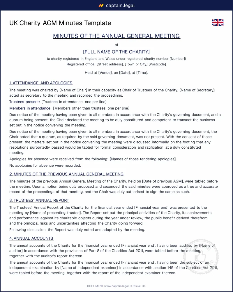 UK Charity AGM Minutes Template | Word & PDF, Lawyer-Drafted