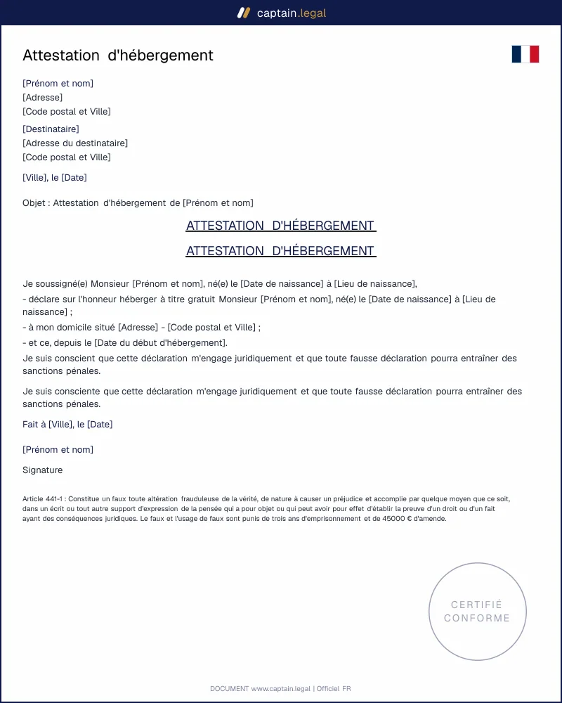 Modèle d'attestation d'hébergement à remplir