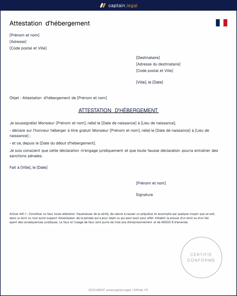 Modèle d'attestation d'hébergement à remplir