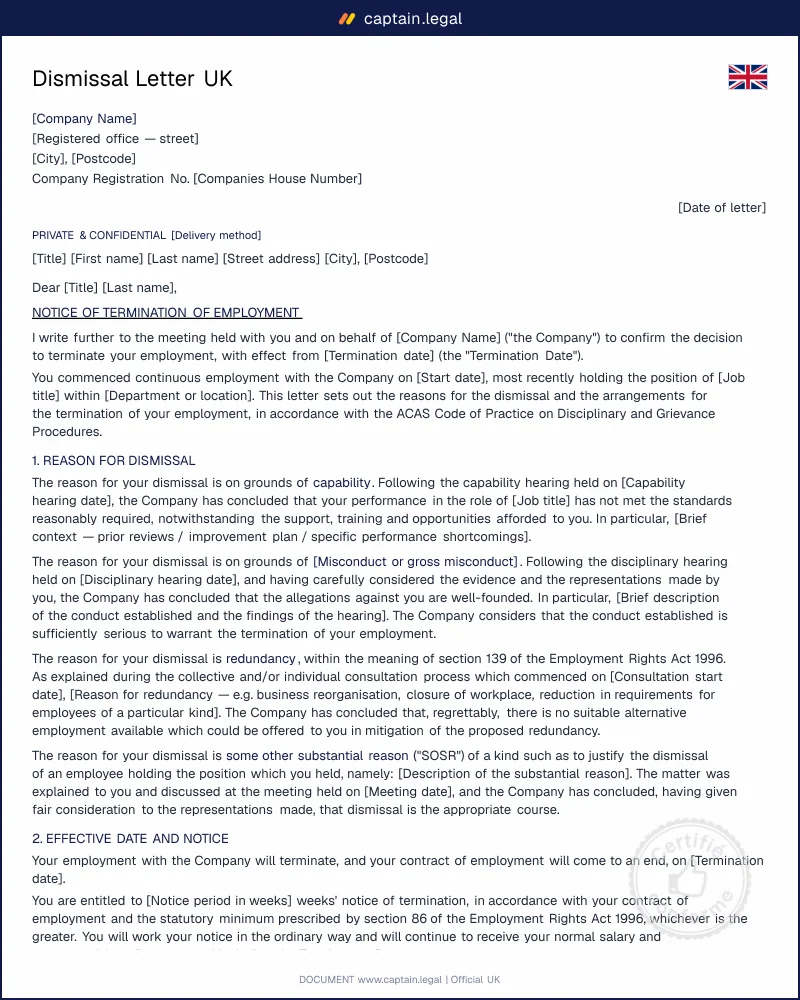 Dismissal Letter UK | ACAS Code Compliant