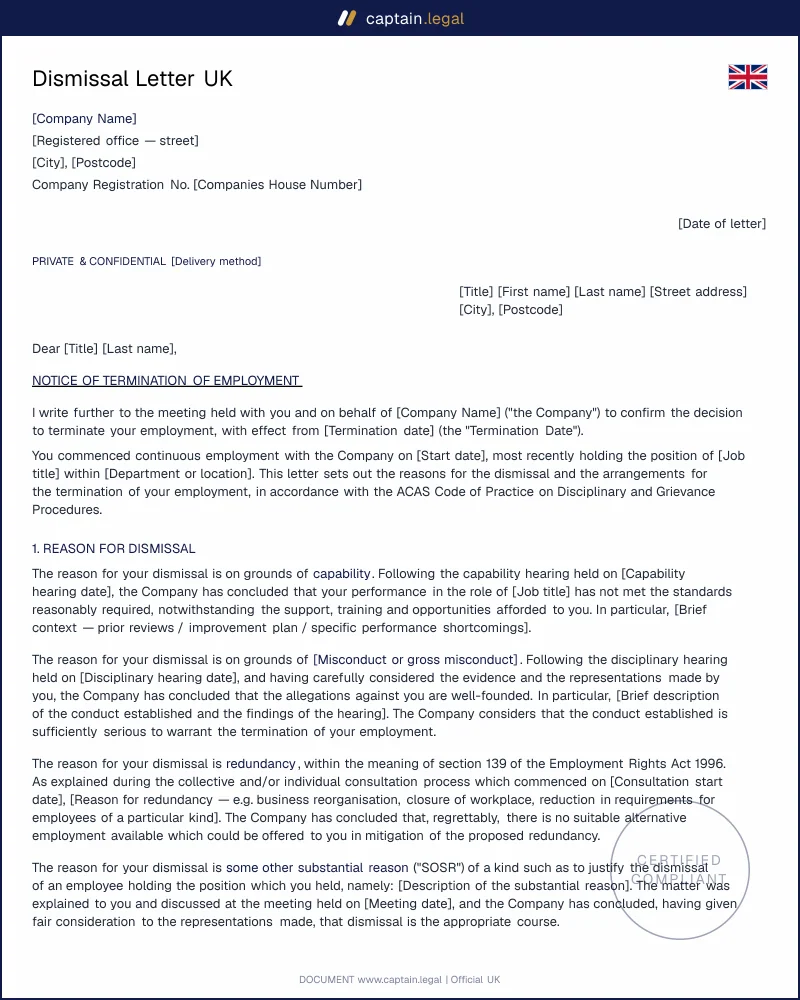 Dismissal Letter UK | ACAS Code Compliant