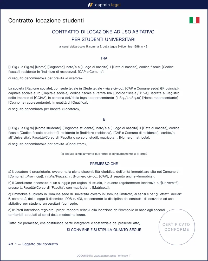 Contratto locazione studenti + cedolare 10%