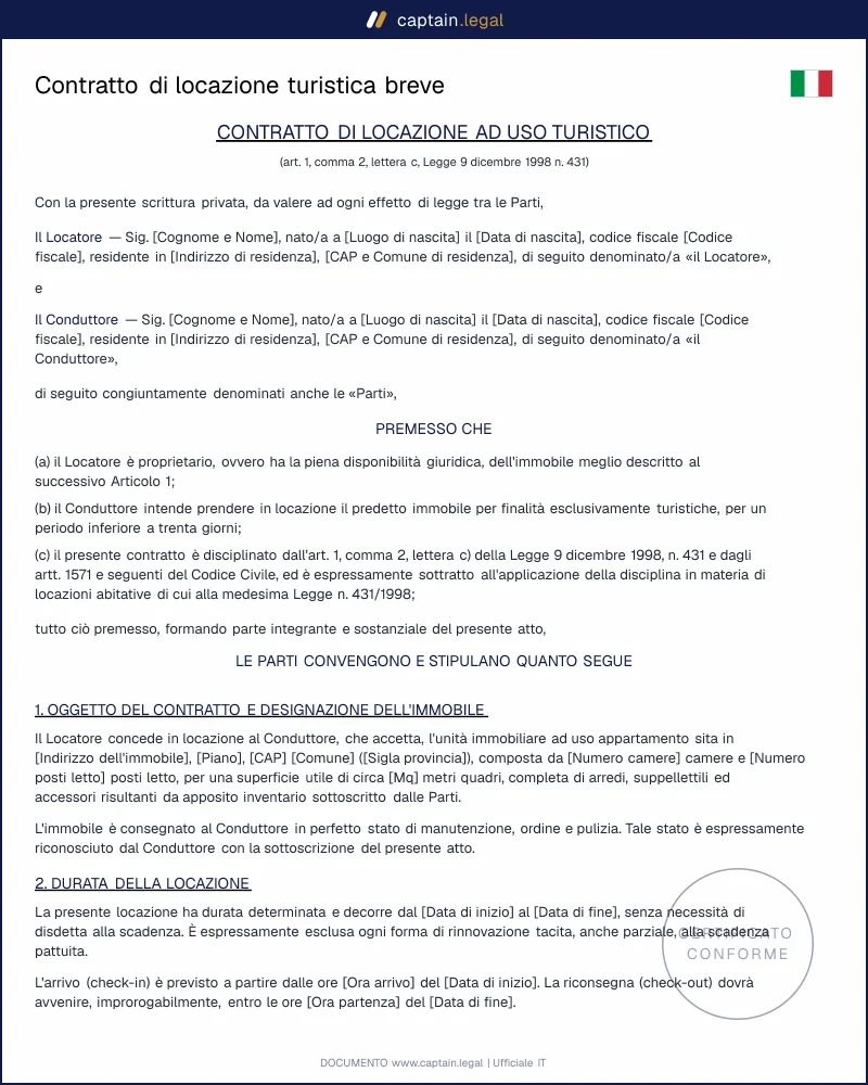 Contratto di locazione turistica breve | Modello Word e PDF
