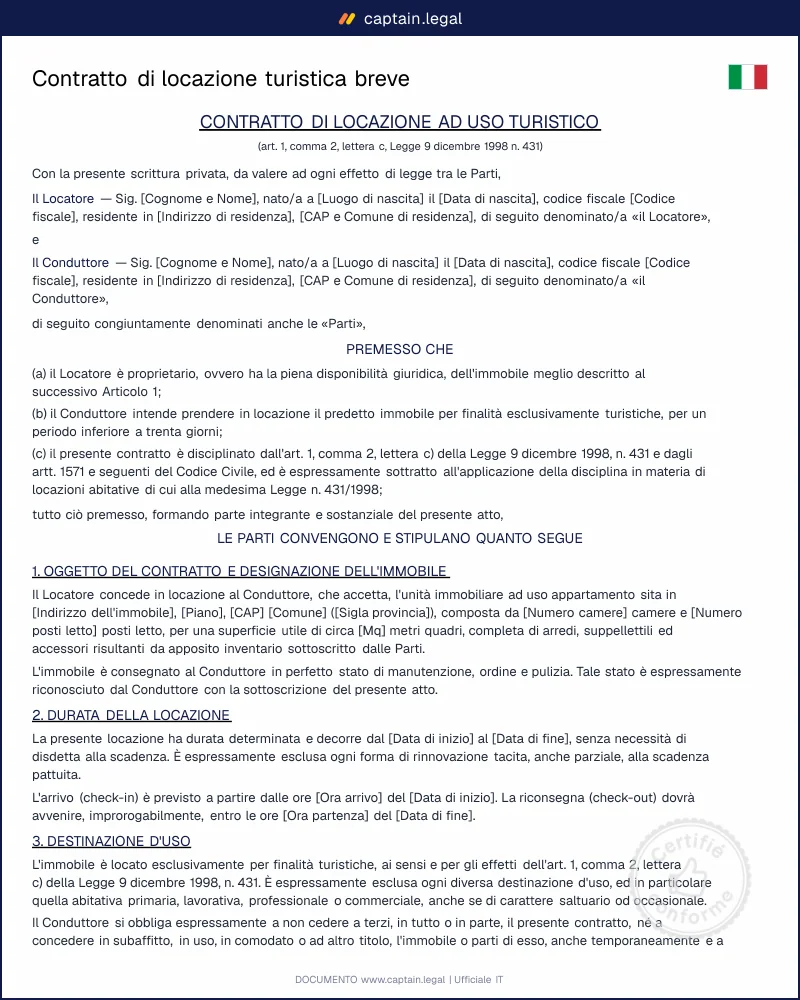 Contratto di locazione turistica breve | Modello Word e PDF