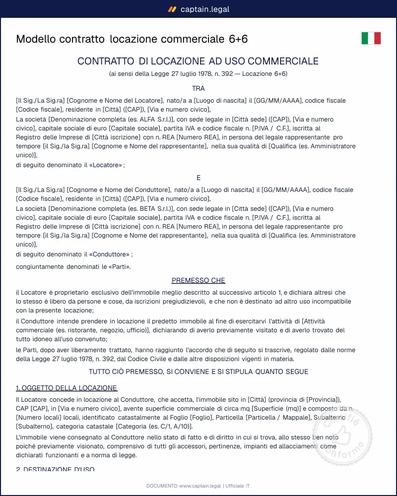Modello contratto locazione commerciale 6+6 per negozi, uffici e laboratori