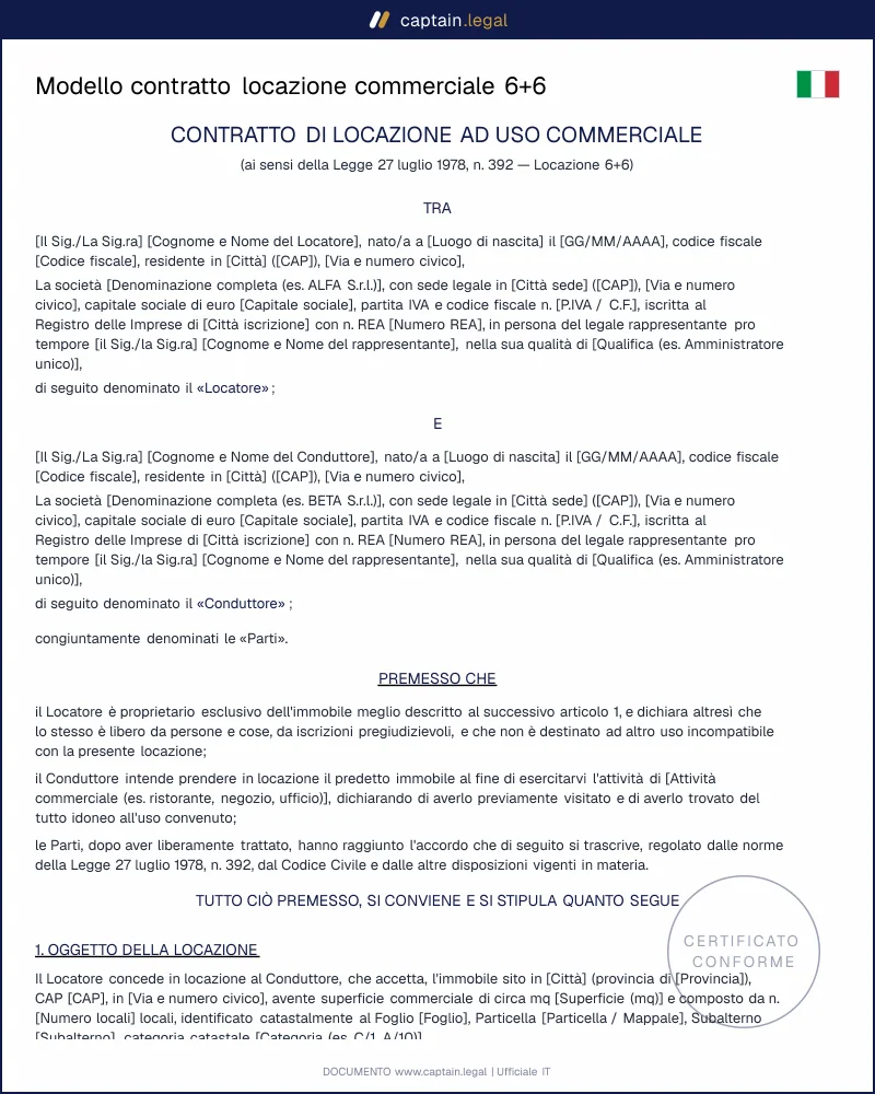 Modello contratto locazione commerciale 6+6 per negozi, uffici e laboratori