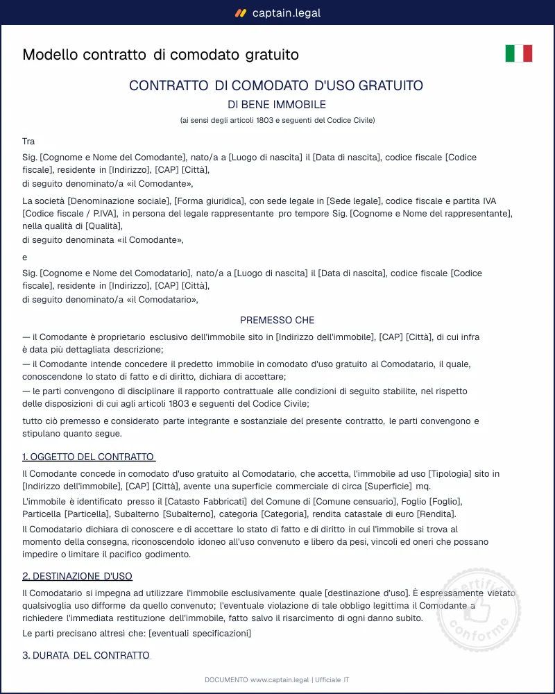 Modello contratto di comodato gratuito (PDF, Word)