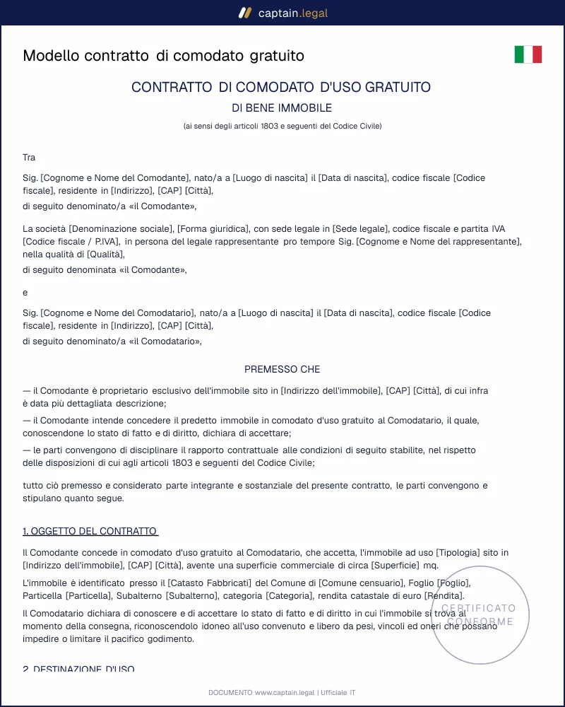 Modello contratto di comodato gratuito (PDF, Word)