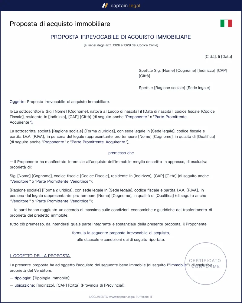 Modello proposta di acquisto immobiliare irrevocabile