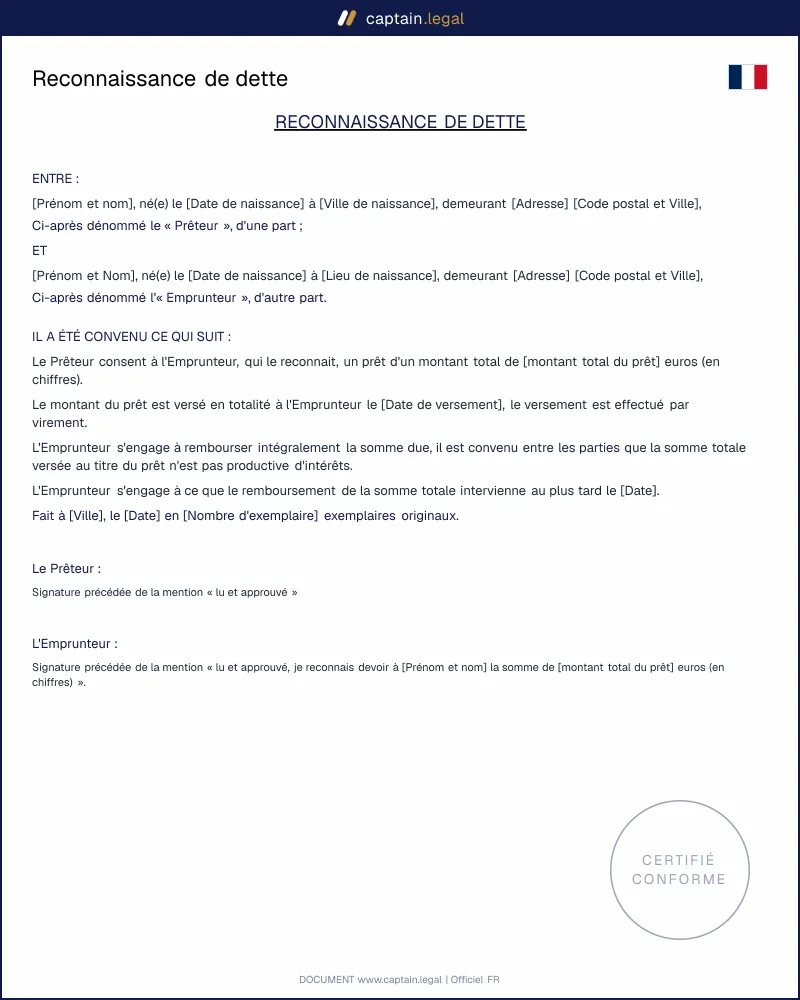 Modèle reconnaissance de dette en Ligne - PDF et Word