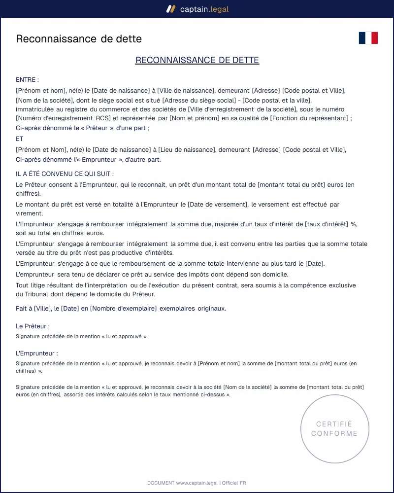 Modèle reconnaissance de dette en Ligne - PDF et Word