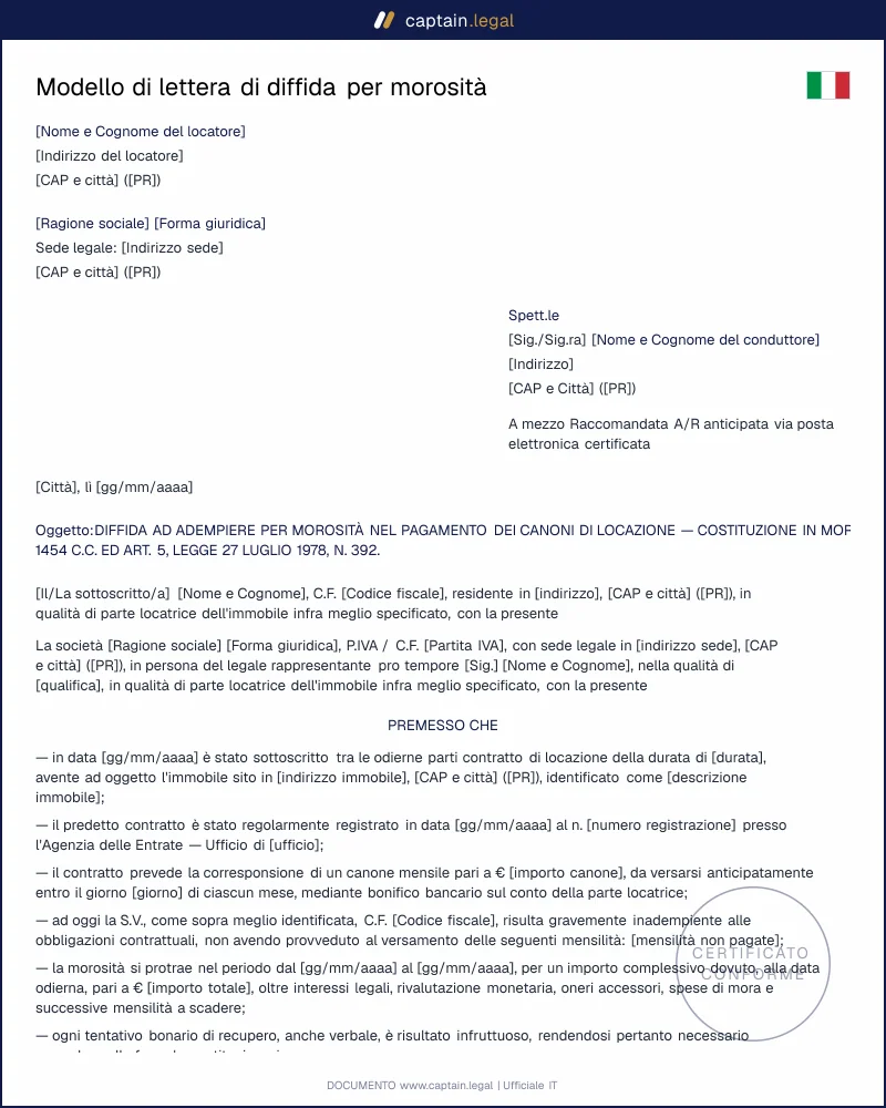 Diffida ad adempiere per canoni di locazione non pagati
